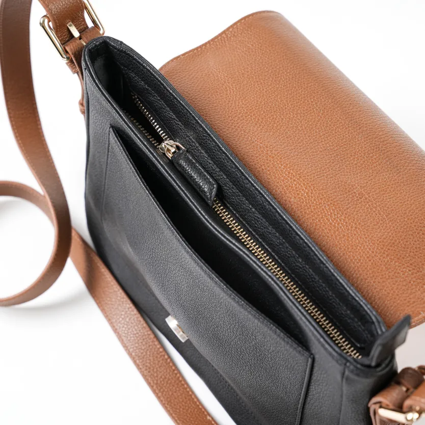 Leather - Handbag-Black with Tan